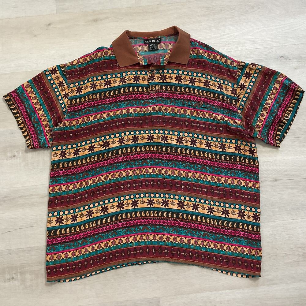 VTG Silk Club Pure Silk Polo Geometric Floral Print 70s Large